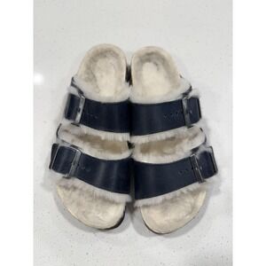 Birkenstock Arizona Leather Shearling Sandals Navy Blue Size 8-8.5  EU 39